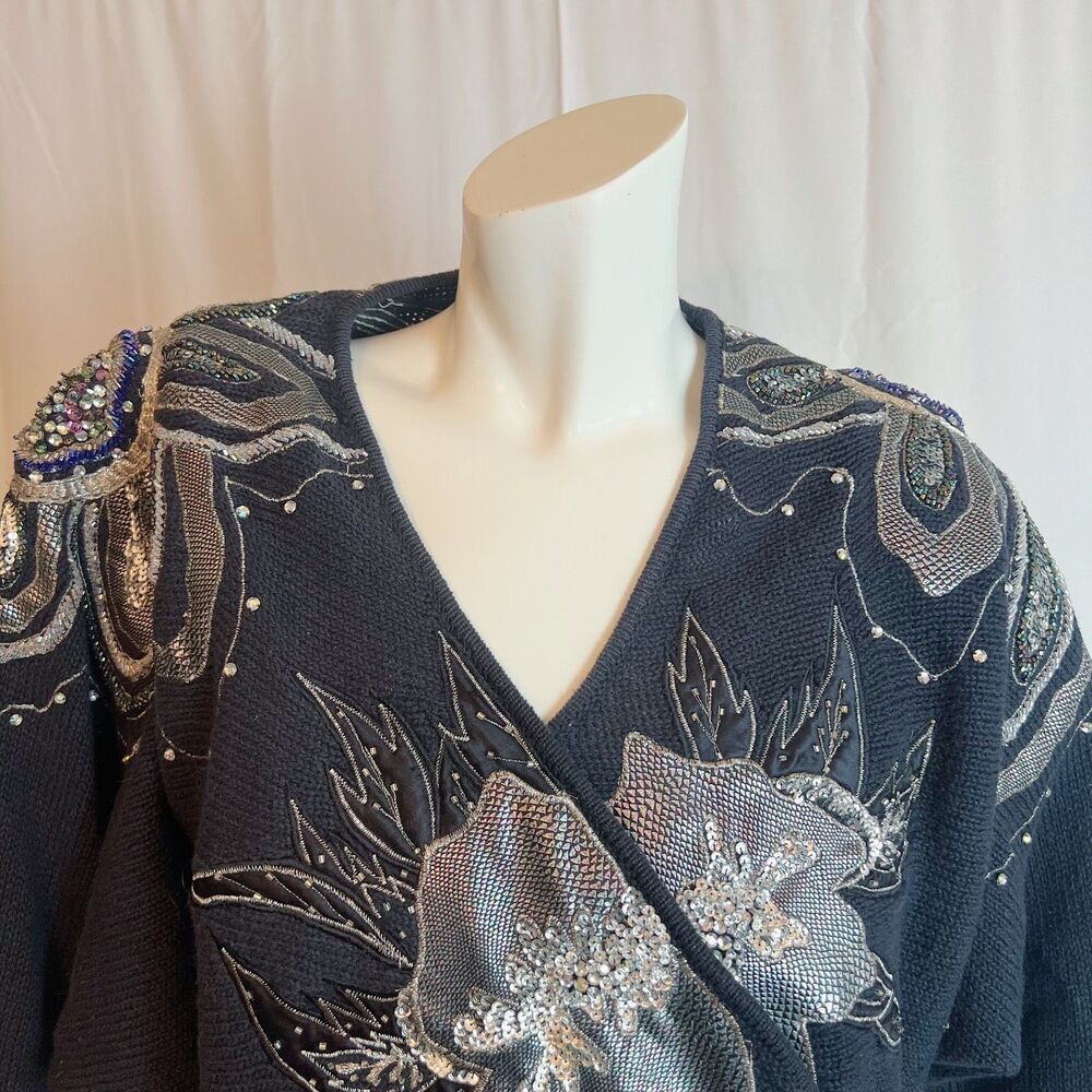 Vintage 80s Bonnie Boerer Black Silver Beaded Embroidered Wrap Sweater Size S - Picture 2 of 6